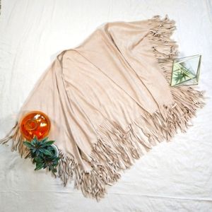 Women's Super Soft Vegan Suede Fringe Blanket Shawl Kimono Wrap in Taupe